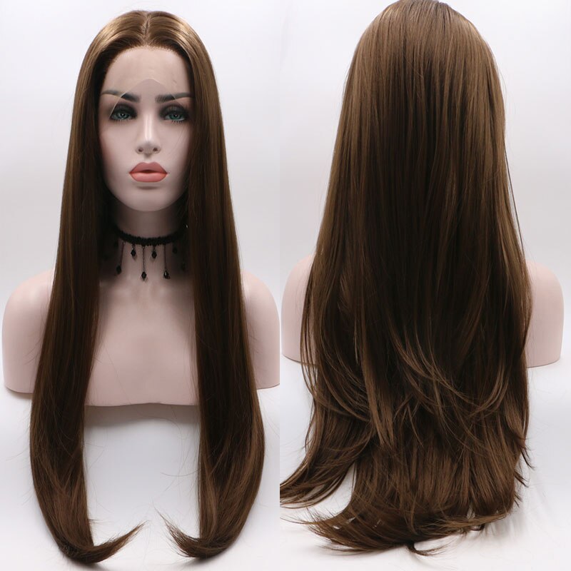 Bombshell Dark Brown Straight Synthetic Hair Lace Front Wig Glueless Heat Resistant Fiber Hair Natural Hairline For Women Wigs
