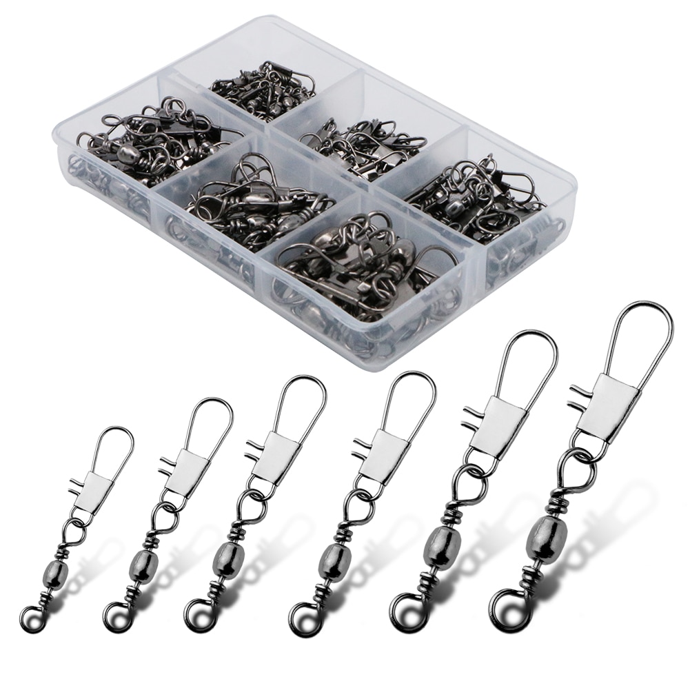 Conector giratorio de pesca de 6 tamaños, 100 unids/caja, Pin a presión, aparejo de señuelo de pesca de aleación, herramienta de pesca, accesorios de pesca