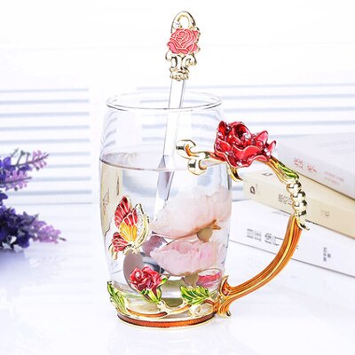 Tasse à café thé verre à fleurs et strass | Émail décoré tasse à café tasse à thé, verre gobelets à lait, tasses et tasses à poignée en alliage: A04