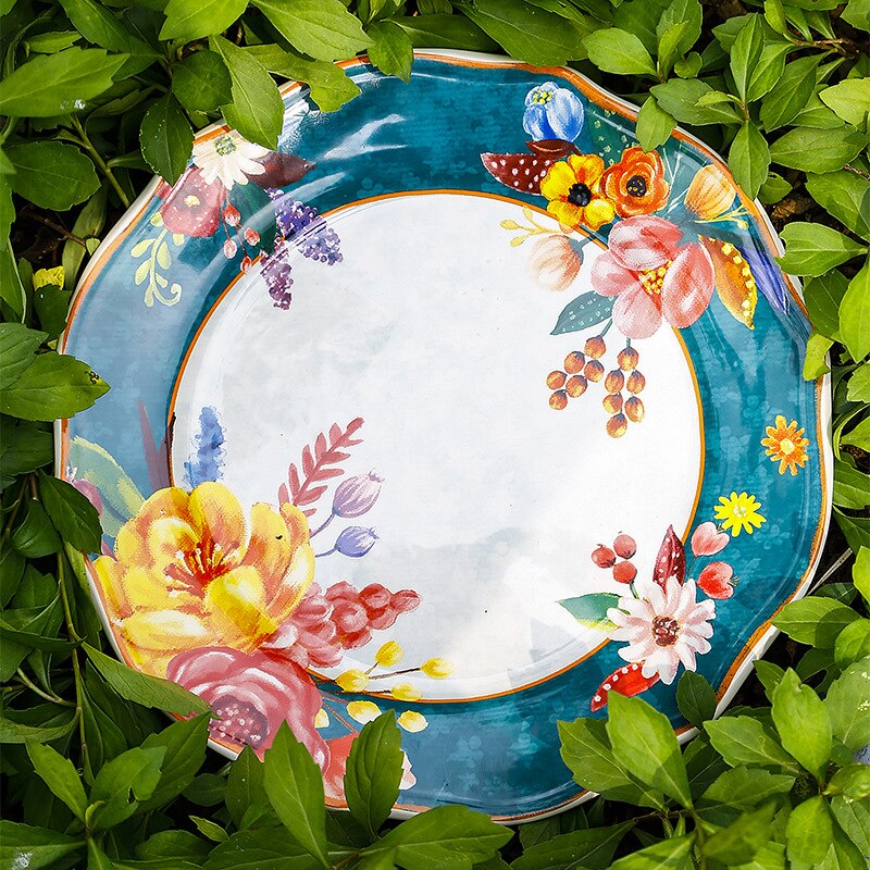 Blommig keramisk mattallrik blomform tallrik set guldinläggningsfat och tallrikar för hemmet servisset servis som serverar retro