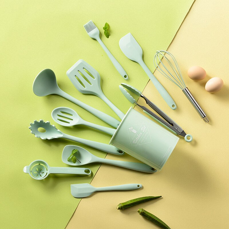Silicone Kitchen Utensils Set Non-Stick Silicone Spatula Kitchen Tools Kitchen Gadget Sets Cooking Items With Storage Box: Green