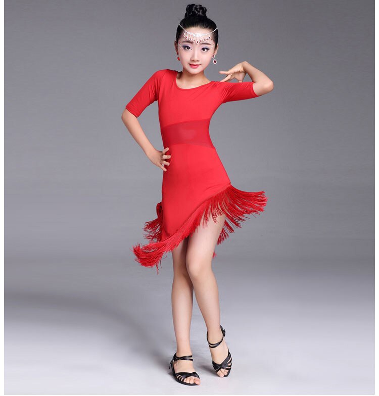 Vestido de baile latino para niños, novedad de , Swing Dance, con flecos, Tango, Salsa, salón, vestidos infantiles para niñas, competición de disfraces: Rojo / 150cm(140cm-150cm)