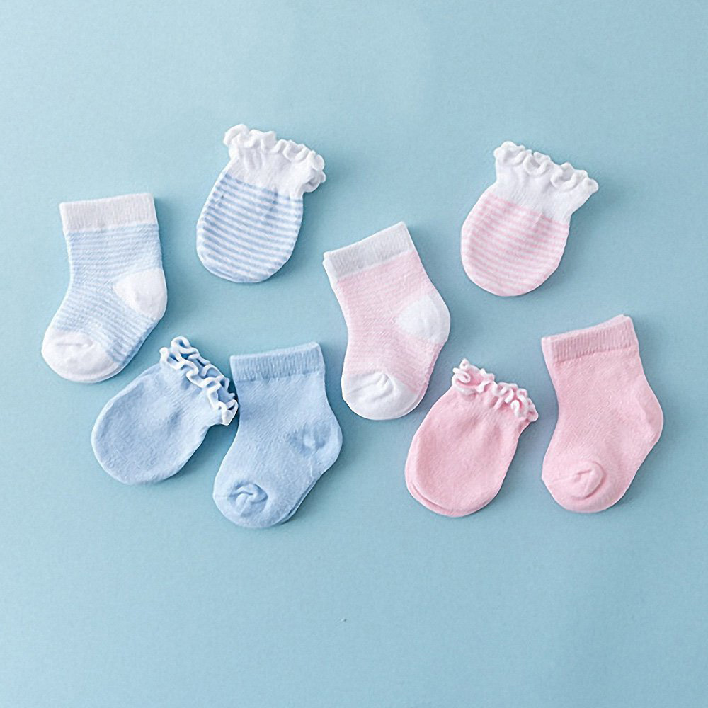 4pairs Newborn Baby Gloves Socks Sets Protection Face Newborn Baby Mittens Anti-scratch Cotton Striped Breathable Elastic Gloves