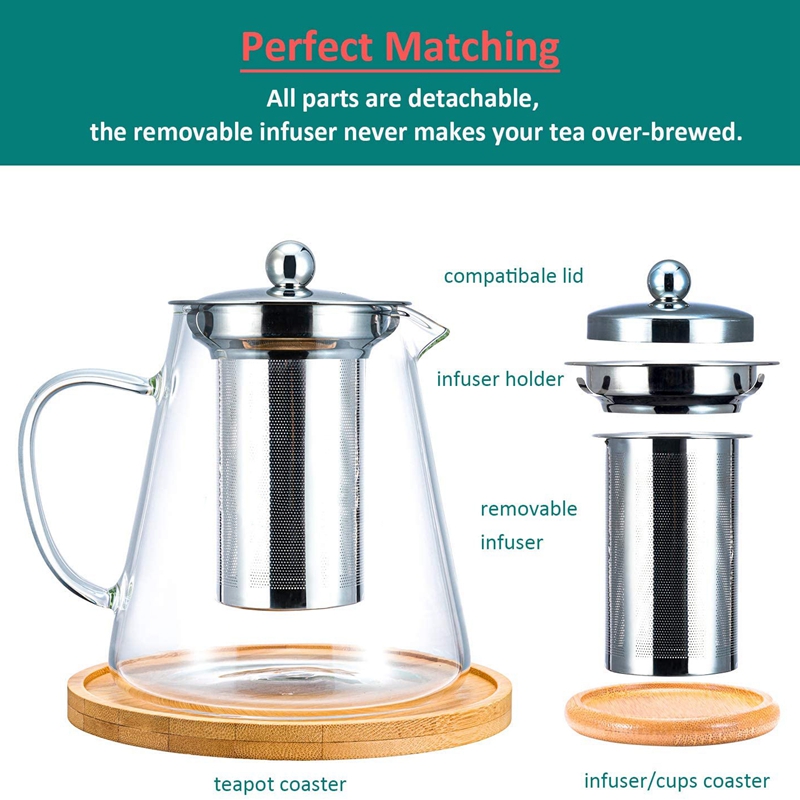 Glass Teapot with Stainless Steel Removable Infuser for Loose Leaf Tea, Bonus Tea Kettle &amp; Infuser Coaster, 950Ml