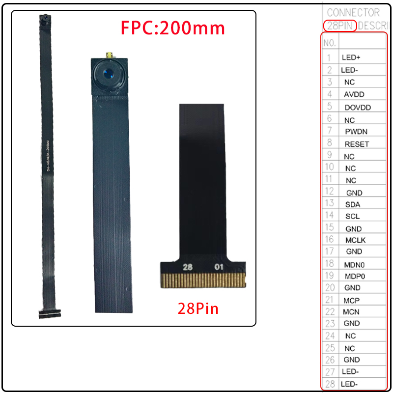 Módulo de câmera H63 80 graus 1MP 1280*720 MIPI SPI DVP 24/28 Pin Interface 1/4 Lente 52MM Comprimento
