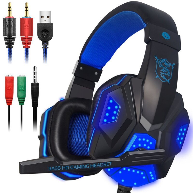 Stereo Gaming Headset voor Xbox een PS4 PC Surround Sound Over-Ear Gaming Hoofdtelefoon met Microfoon Noise Cancelling LED lichten Headset: Black Blue