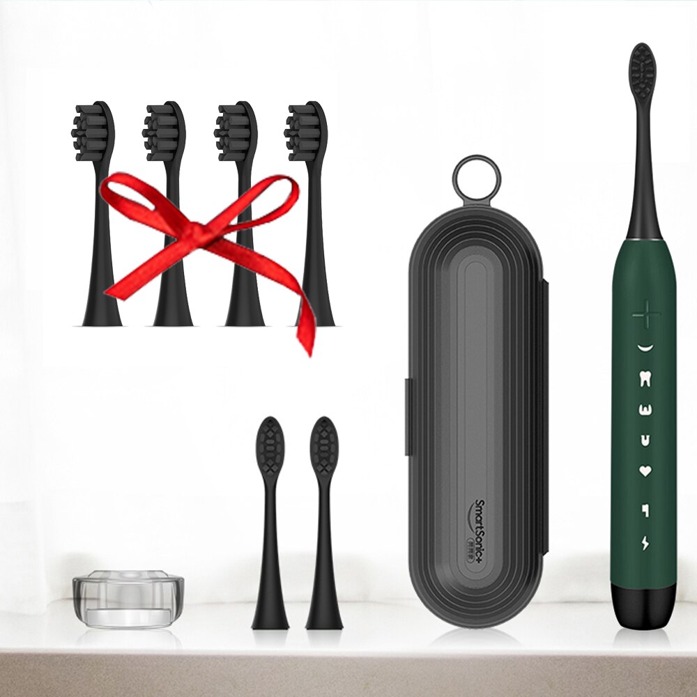SmartSonic Waterproof Sonic Electric Toothbrush USB Rechargeable Tooth Brush Ultrasonic Toothbrush with 2 Brush Heads: Dark Green 4 head