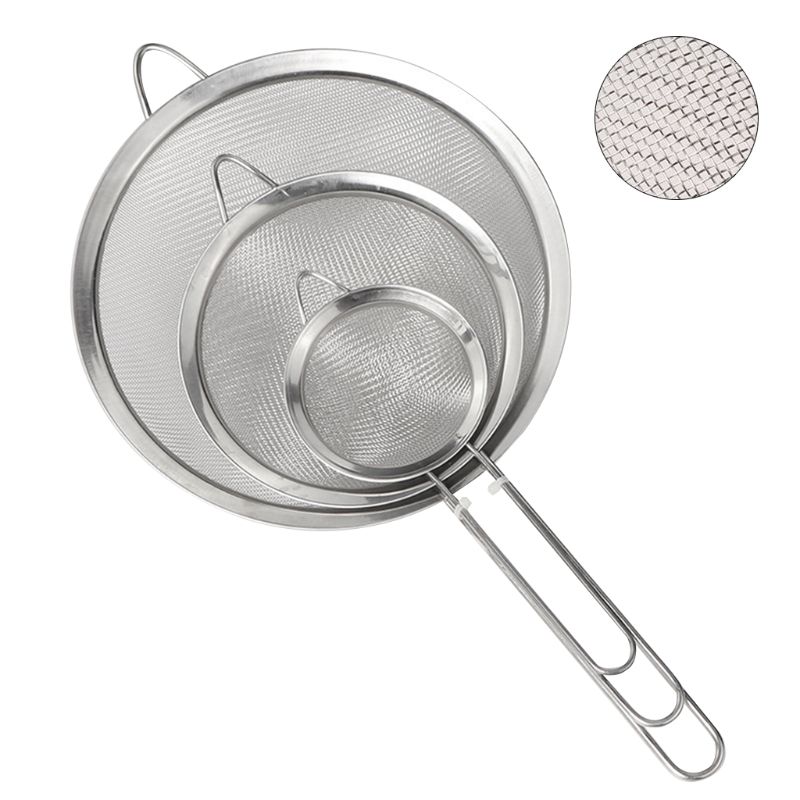 Stainless steel kitchen sieve fine mesh, reinforced handle, set of 4 sizes 8/12 /18/20cm