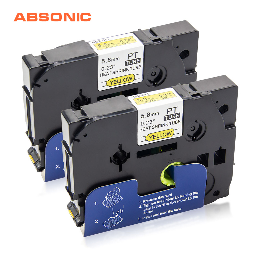 Absonic 2PCS Heat Shrink Tube Tubing HSe611 HSe-611 5.8mm*1.5m Label Tape Cassette Cartridge Compatible Brother Label Printer