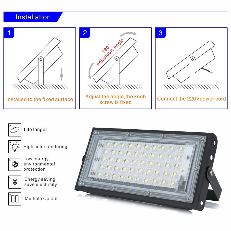 ledet flomlys 50w utendørs veggreflektorlampe hage flomlys vanntett  ip65 søkelyset belysning  ac220v rgb floodligt