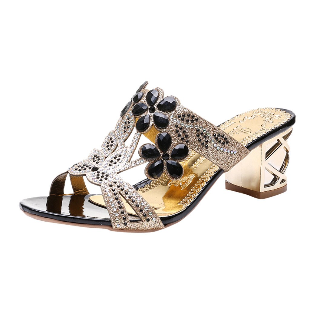 Womail Rhinestone Crystal Sandal High Heel Women's Casual Crystal Outdoor Square Heel Sandals Summer Rome Sandal Women: BK / 36