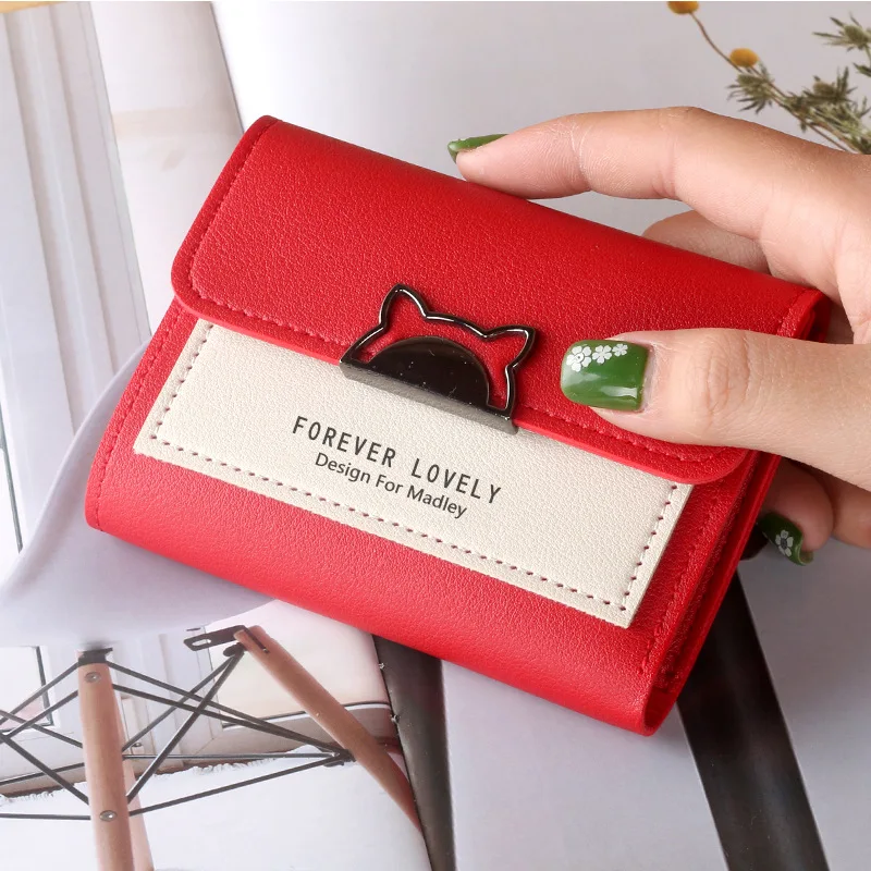 Cartera pequeña con orejas de gato para mujer, minibilletera bonita con único, monedero pequeño con hebilla de Metal contrastante, monedero portátil,: Rojo