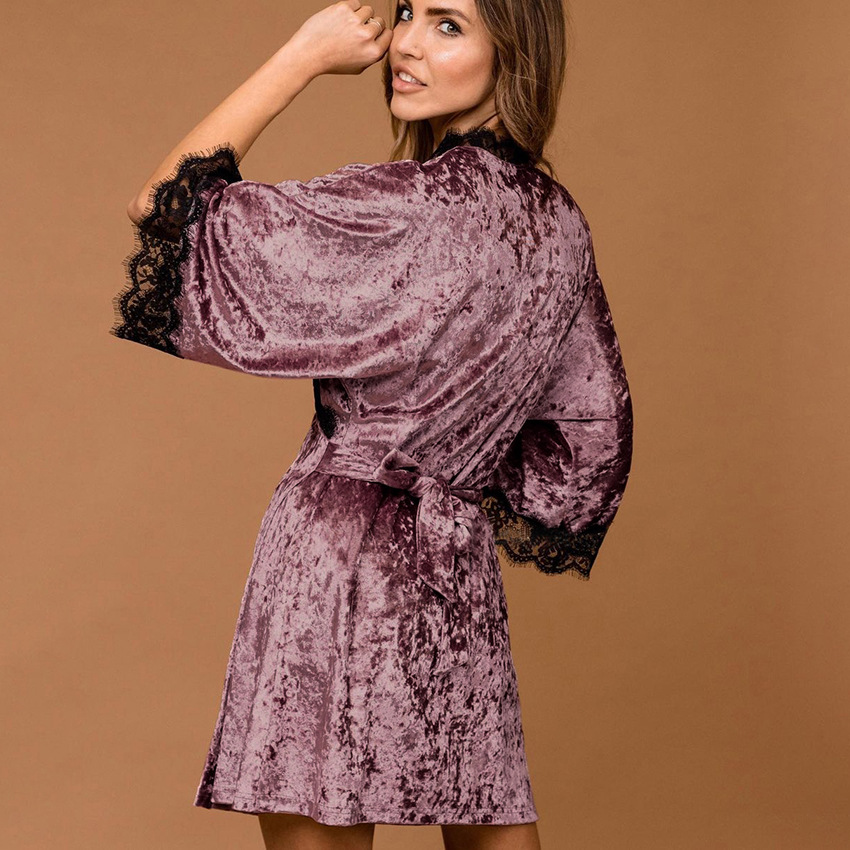 Women Velvet Bathrobe Glossy Velour Lace Sleepwear Autumn Winter Warm Pajamas AW Lady Nightgown