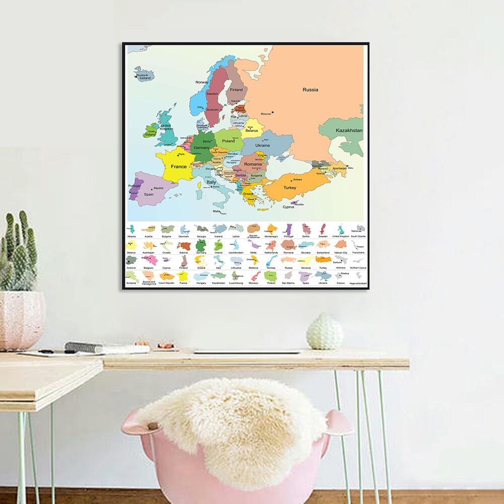 60*60cm The Europe Political Map Canvas Painting Wall Art Poster and Prints Classroom Home Decoration Children School Supplies