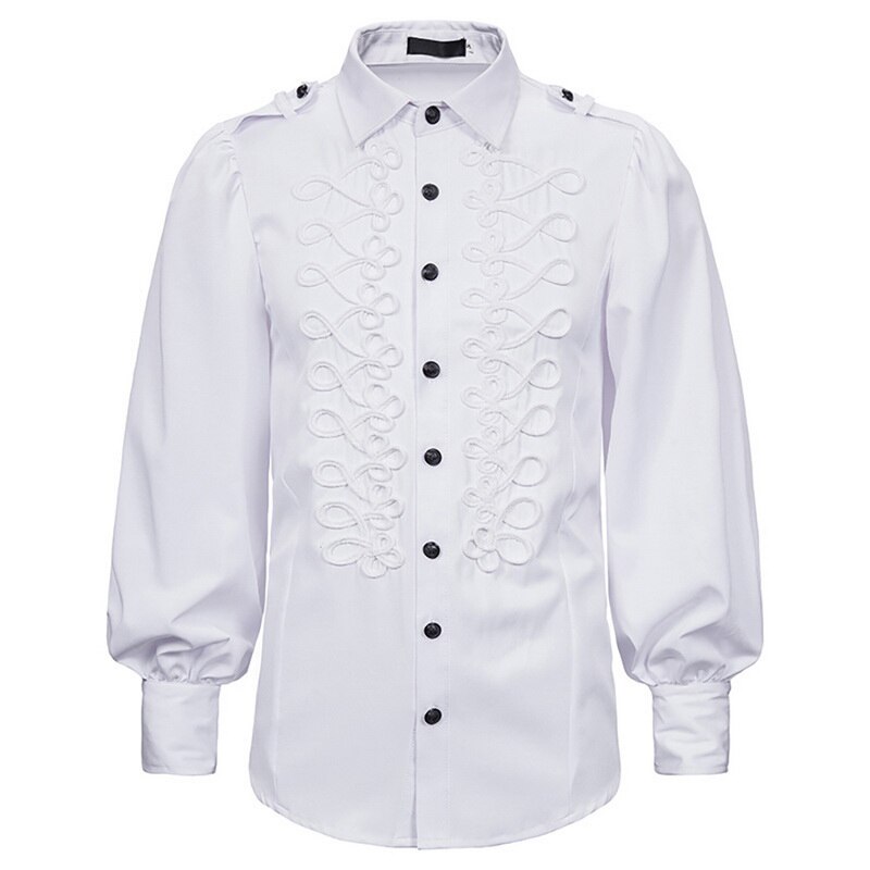 Vintage victorien blanc dentelle ébouriffé col lanterne à manches longues chemise hommes gothique Renaissance médiévale haut grande taille XXL: white / XL