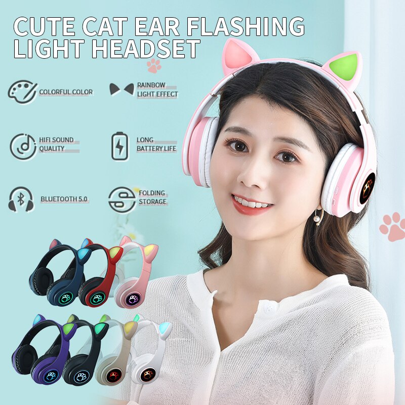 Wireless Headphone Bluetooth5.0 Headset Cat Ear Earphone LED Lights With Microphone For PC Laptop Phone