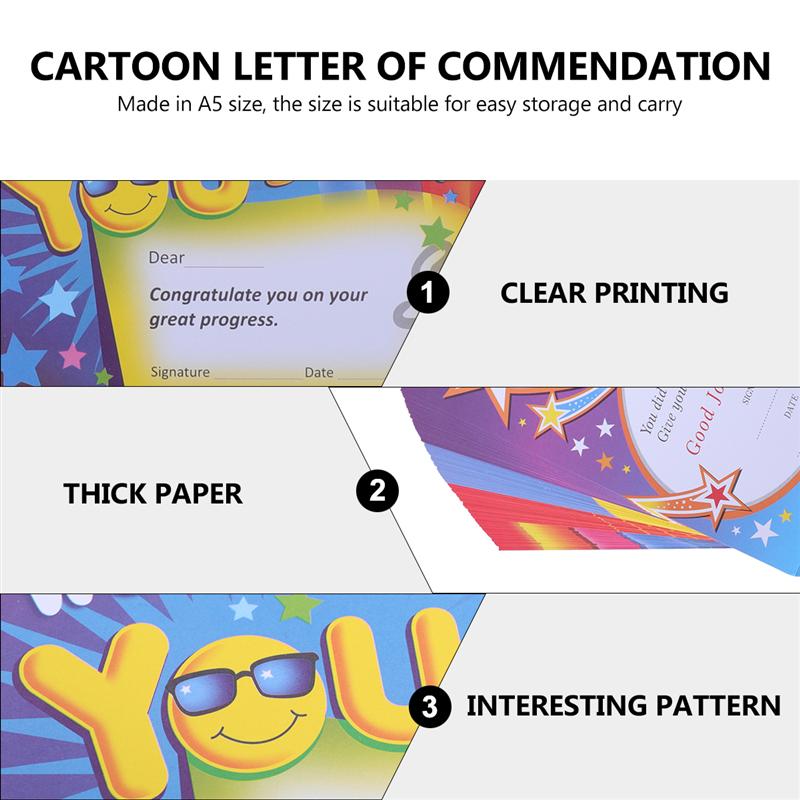 100Pcs A5 Certificate of Commendation Cartoon Letter of Commendation for Kids School Supplies (4 styles, 25pcs for each style)