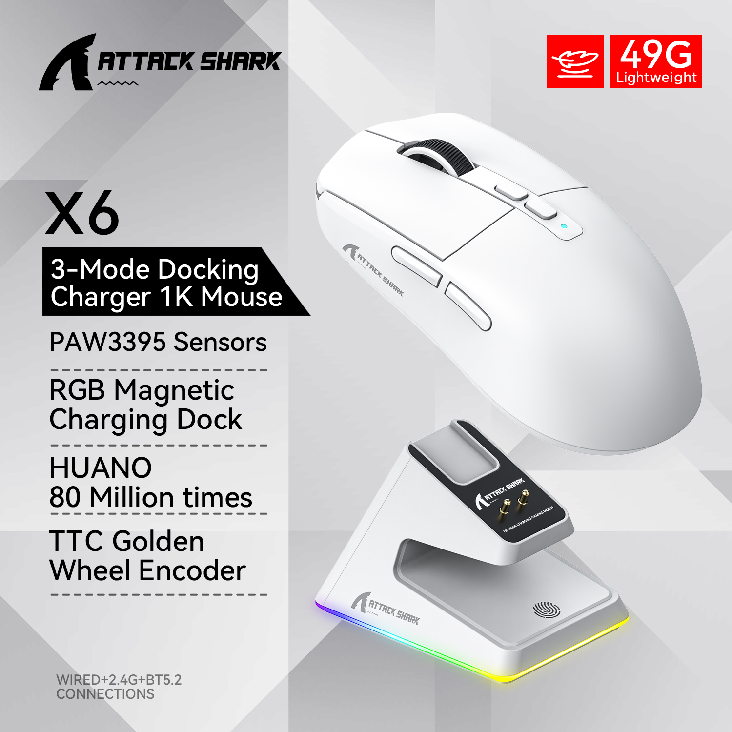 ATTACK SHARK X6 muis, PAW3395 Bluetooth Tri-Mode-verbinding, RGB Touch magnetische oplaadbasis, macro-gamingmuis
