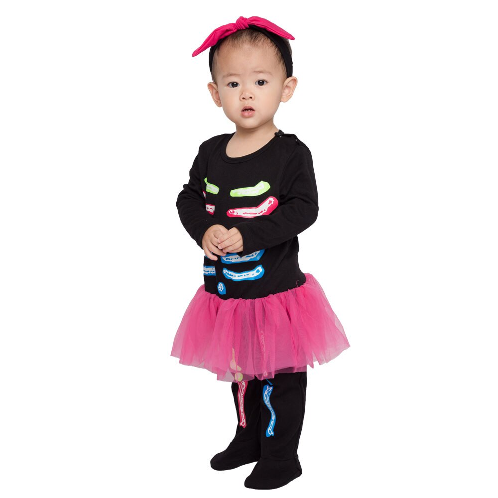 Umorden spedbarn småbarn skjelett bein kostyme rompers jumpsuit til baby jenter halloween bursdag årsfest fancy kjole