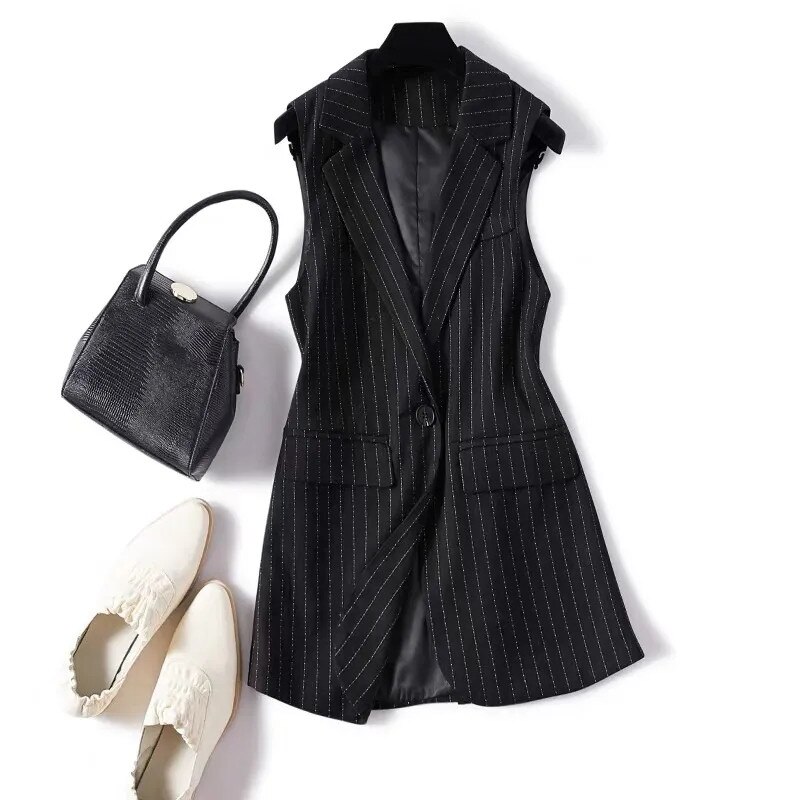 Gilet mi-long à rayures pour femmes, veste de costume coréen, sans manches, col, collection printemps-automne