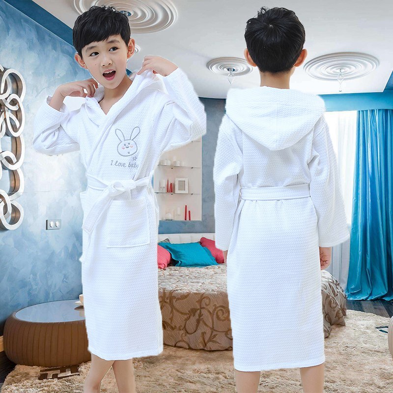 Children Hooded Bathrobe waffle Kids Boys Girls Cotton Lovely Robes Dressing Gown Kids Homewear Sleepwear with Belts summer: white / S(100-120cm)