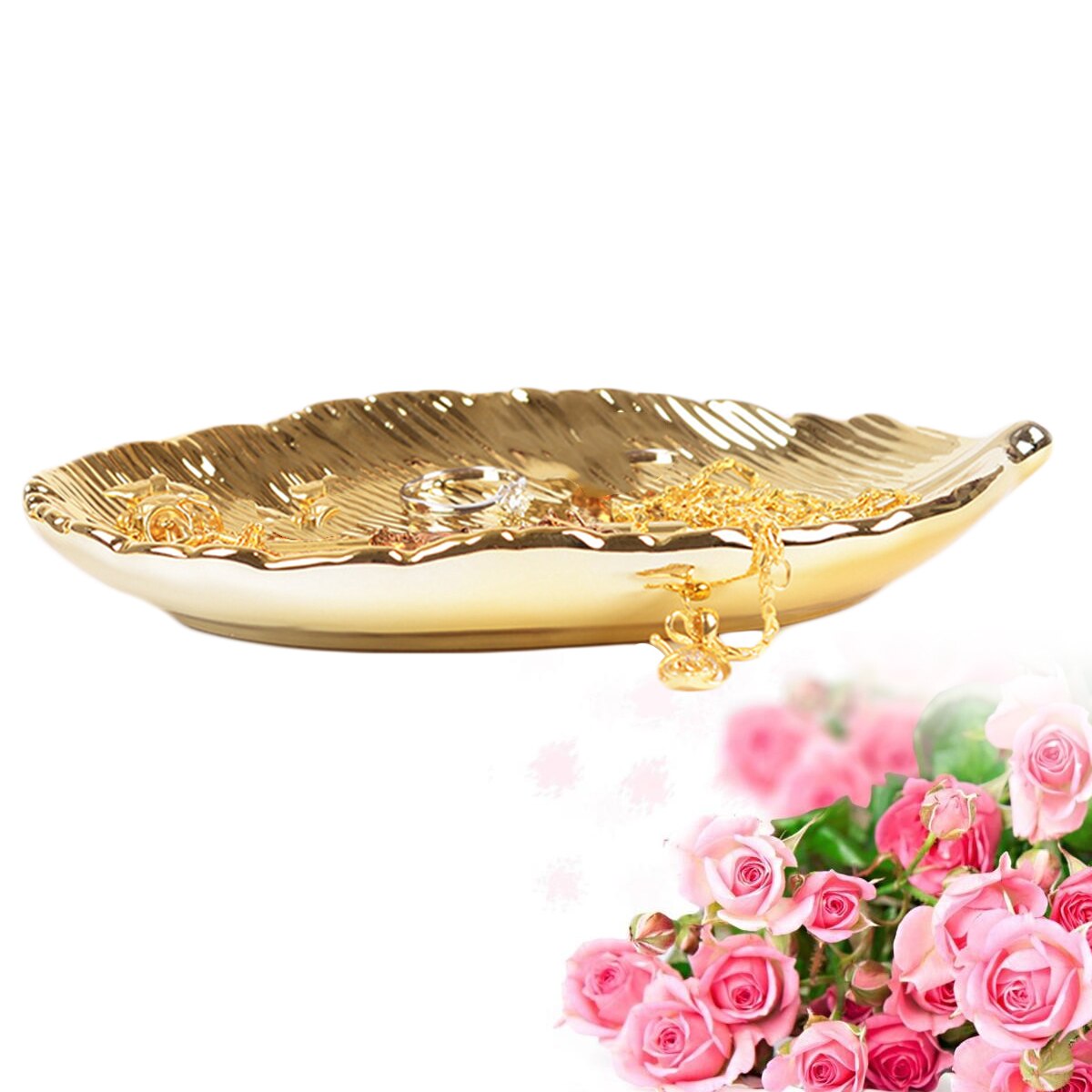 2 pz Vassoio di Gioielli Foglia D'oro in Ceramica Fatti A Mano Della Decorazione Della Casa Della Collana dell'organizzatore Dei Monili del Piatto per Vestirsi Tavolo Del desktop