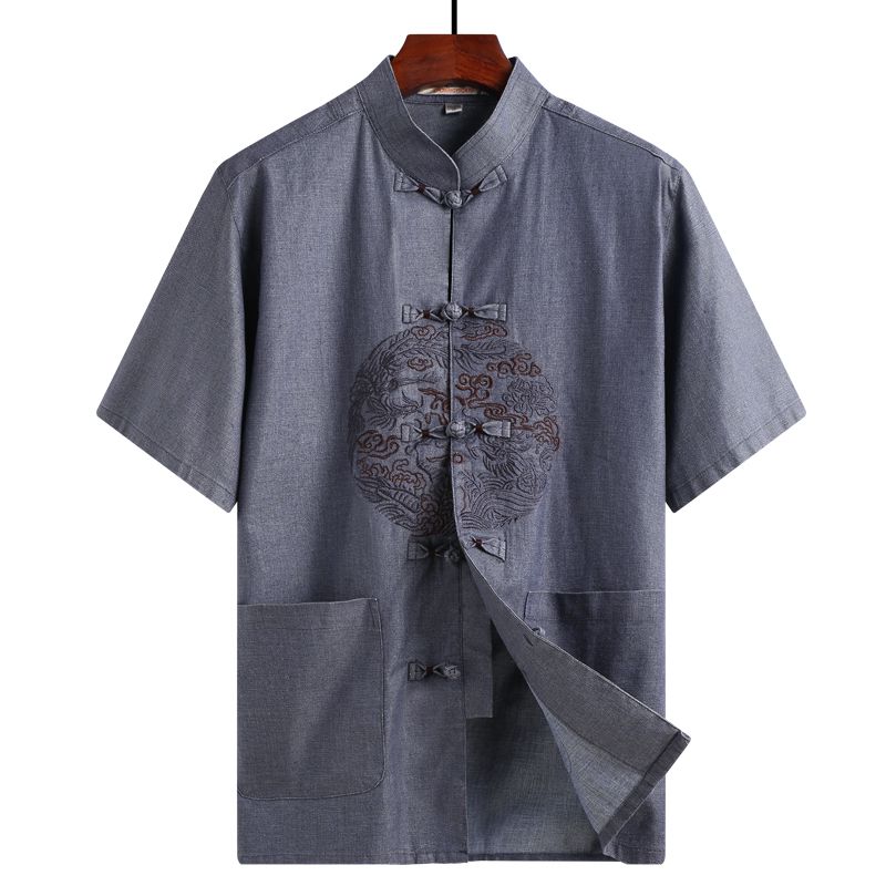Tang costume homme moyen et vieux père vieilli été coton et lin grand-père à manches courtes vieil homme vêtements lin à manches courtes