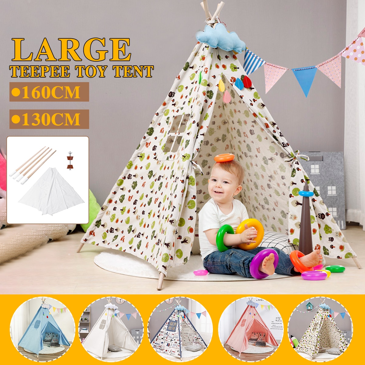 11 Style Larger Folding Indoor Baby Game House India Triangle Tent Princess castle Canvas Original Teepee Kids Teepee NO MAT