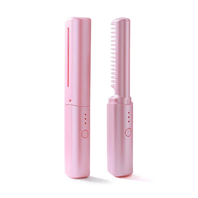 Pente quente de cabelo sem fio portátil mini usb recarregável alisador de cabelo aquecimento rápido alisamento de cabelo ferramenta estilo: Rosa