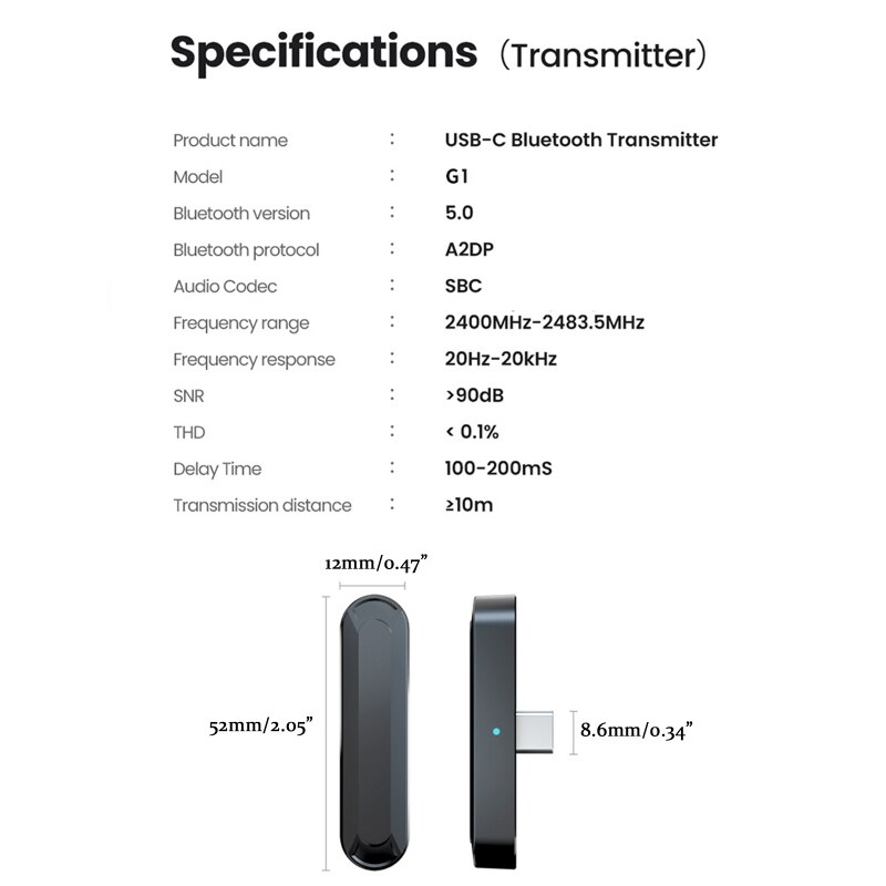 Adapter Bluetooth-compatible5.0 Wireless USB C-USB A Transmitter Receiver