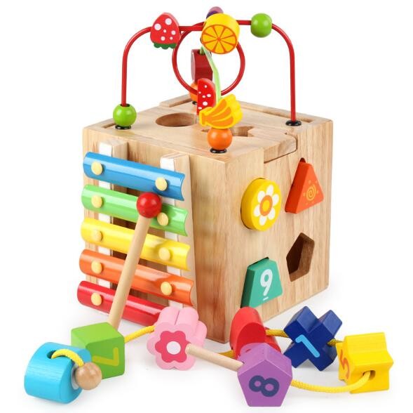Color wooden bead beaded multi-function four-sided treasure box intelligence box early education puzzle children's toys
