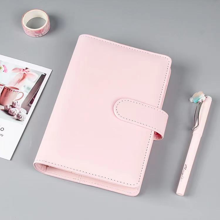 A6 Leather Notebook Binder with Plastic Binder Pockets, Refillable 6 Round Ring A6 Personal Planner Binder Cover with Stickers: pink