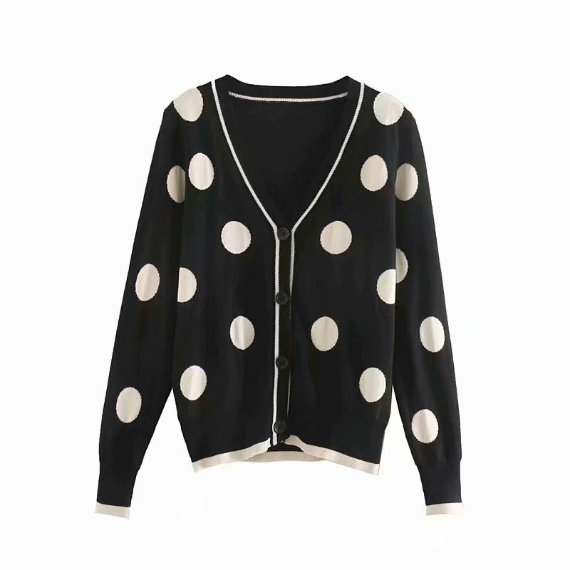 Zevity kvinnor vintage v-ringad prickig stickad tröja kvinnlig chic höst casual slim cardigan toppar  s443: Default Title