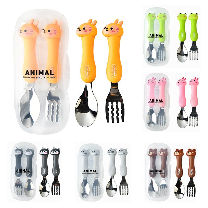 Baby Feeding Material Cartoon Cutlery Suit Student Stainless Steel Tableware Animal Fork Spoon Set Utensils Eating Gadgets