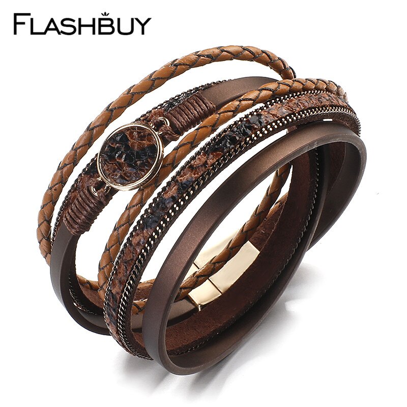 Flashbuy Unique Weave Round Leopard Leather Bracelets For Women Simple Vintage Braid Charms Wrap Bracelets Jewelry