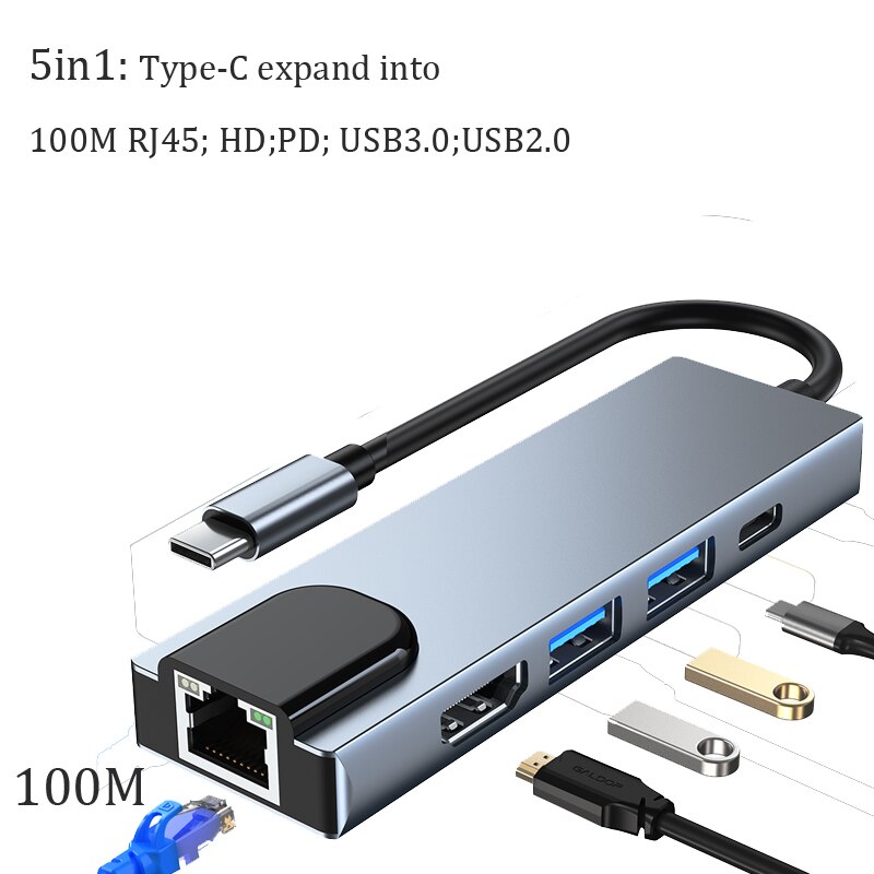 Typ C Docking Station Ethernet RJ45 PD HD USB 3,0 SD TF Adapter Für Xiaomi Gamebook Macbook Laptop Android Telefon ipad HUB Dock: 5 in 1 100M RJ45