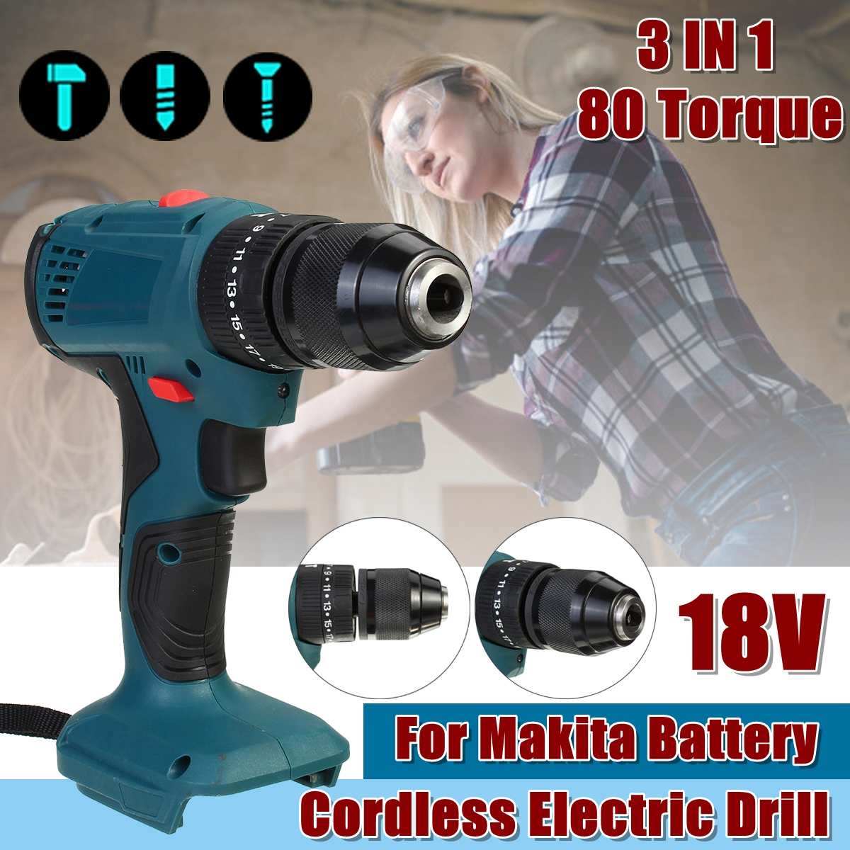 18V 21V 95Nm 3 in 1 Brushed Electric Drill Hammer Screwdriver for Makita Battery 10mm Cordless Impact Drill with LED Light