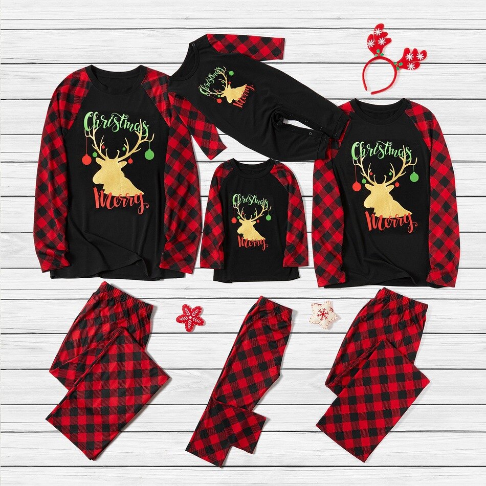 Xmas Family Kids Adult Matching Christmas Pajamas Set Pjs Plaid Elk Print Casual Family Matching Outfit Nightwear Home wear