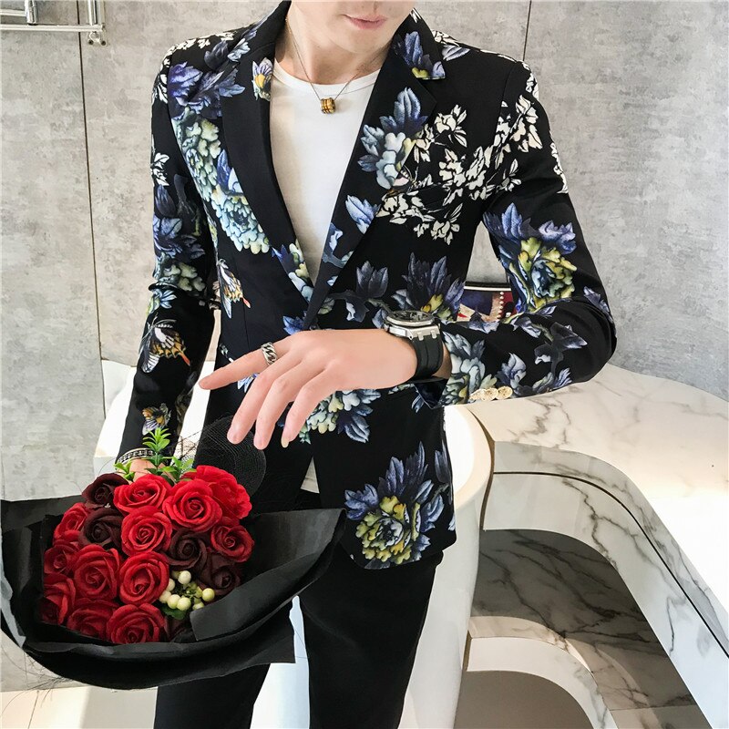 High-end personlighet blommig kostym jacka män, trend nattklubb frisör slim printed kostym, natt scen kostymer