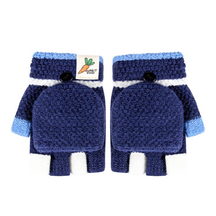 Børn drenge piger vinterhandsker halvfinger flip cover strikning vanter vinter varme børn handsker: Marine blå