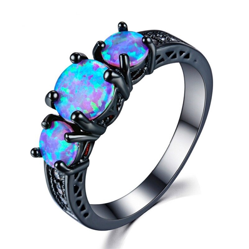 Requintado feminino redondo azul fogo opala moda anel preto ouro enchido anéis de casamento para as mulheres do vintage jóias anillos mujer