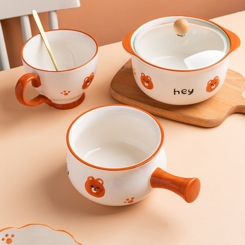 Cute Bear Bowl Plate Ceramic Household Oven Baking Bowl Baked Rice Plate Fruit Bowl Cartoon Tableware Set