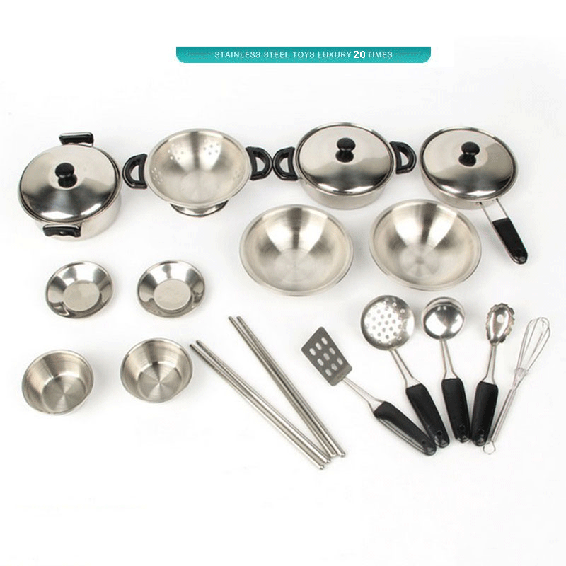 40Pcs Stainless Steel Kids House Kitchen Toy Cooking Cookware Children Pretend & Play Kitchen Playset for Children- Silver