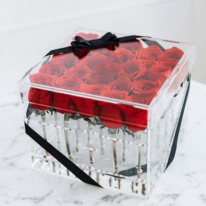 Acrylic Rose Flower Box Makeup Organizer Artificial Flower Bouquet Valentine's Day Wedding Decor Box