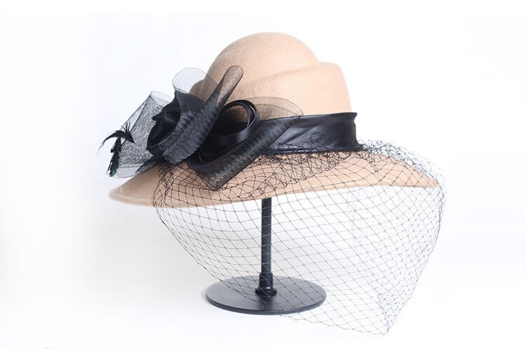Femmes Floppy Chapeau Laine Floral Voile Filet Plume Large Bord Derby Chapeau Feutrés Occasion Formelle Dance Party Summer Beach Chapeau: khaki