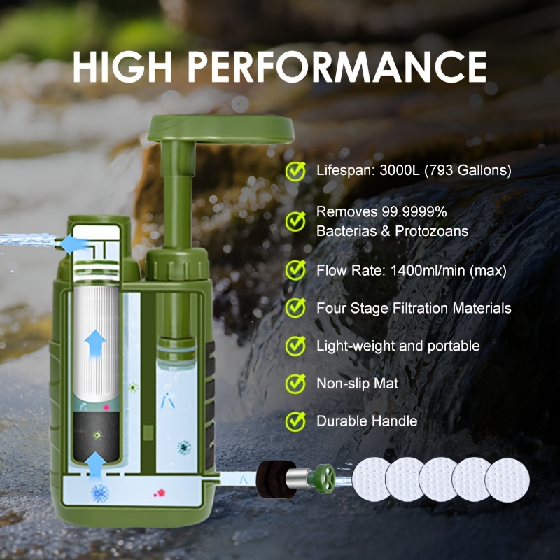 Filtro de agua al aire libre multiusos para supervivencia, sistema de filtración de agua portátil para senderismo, purificador de agua para senderismo y emergencia