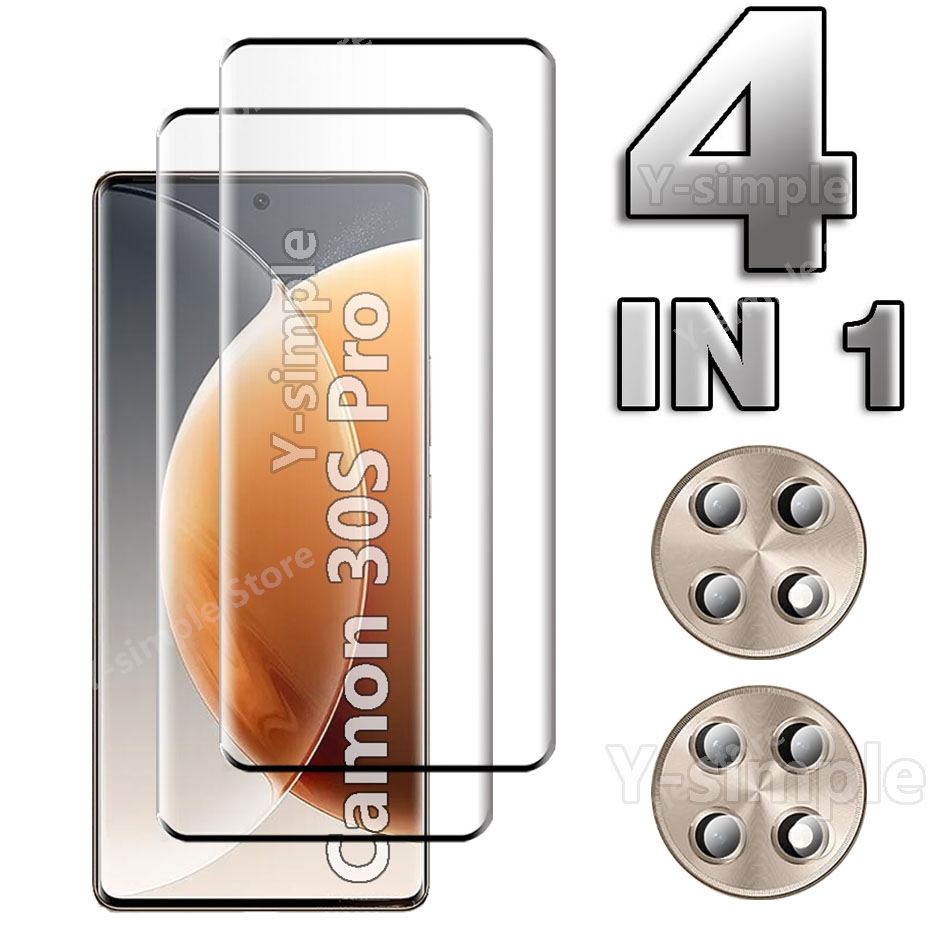 Verre 3D 4 en 1 pour Tecno Camon 30s Pro, protecteur d'écran, Film HD incurvé en verre trempé, film d'objectif d'appareil photo souple