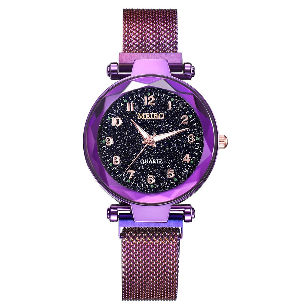 Otoky Watch Quartz Women Watches Starry Sky Watch Ladies Flat Glass Quartz Wristwatch Mesh Magnetic Clock Ladies: Purple