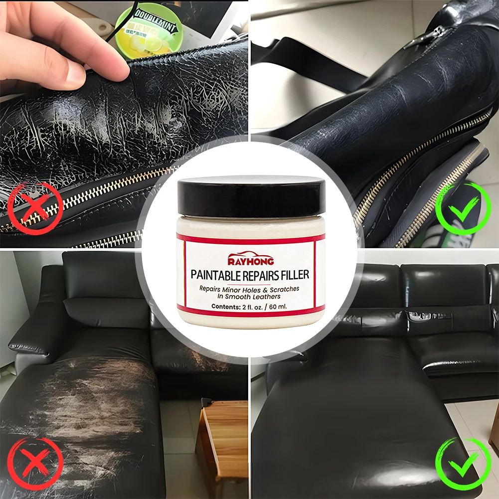 Pasta de relleno de cuero para asiento de coche, pasta de reparación de arañazos, crema de restauración de cuero Natural, relleno de agujeros para quemaduras y grietas, 60ml
