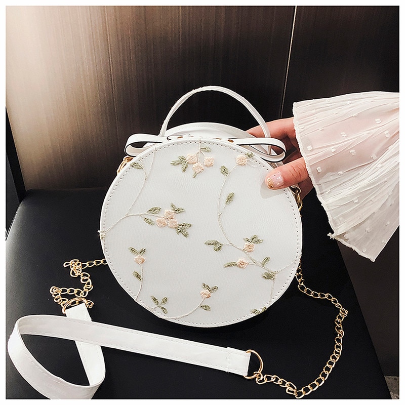 Süße Spitze Runde Handtaschen PU Leder Frauen Umhängetaschen Weibliche Kleine Frische Blume Kette Schulter Weiß